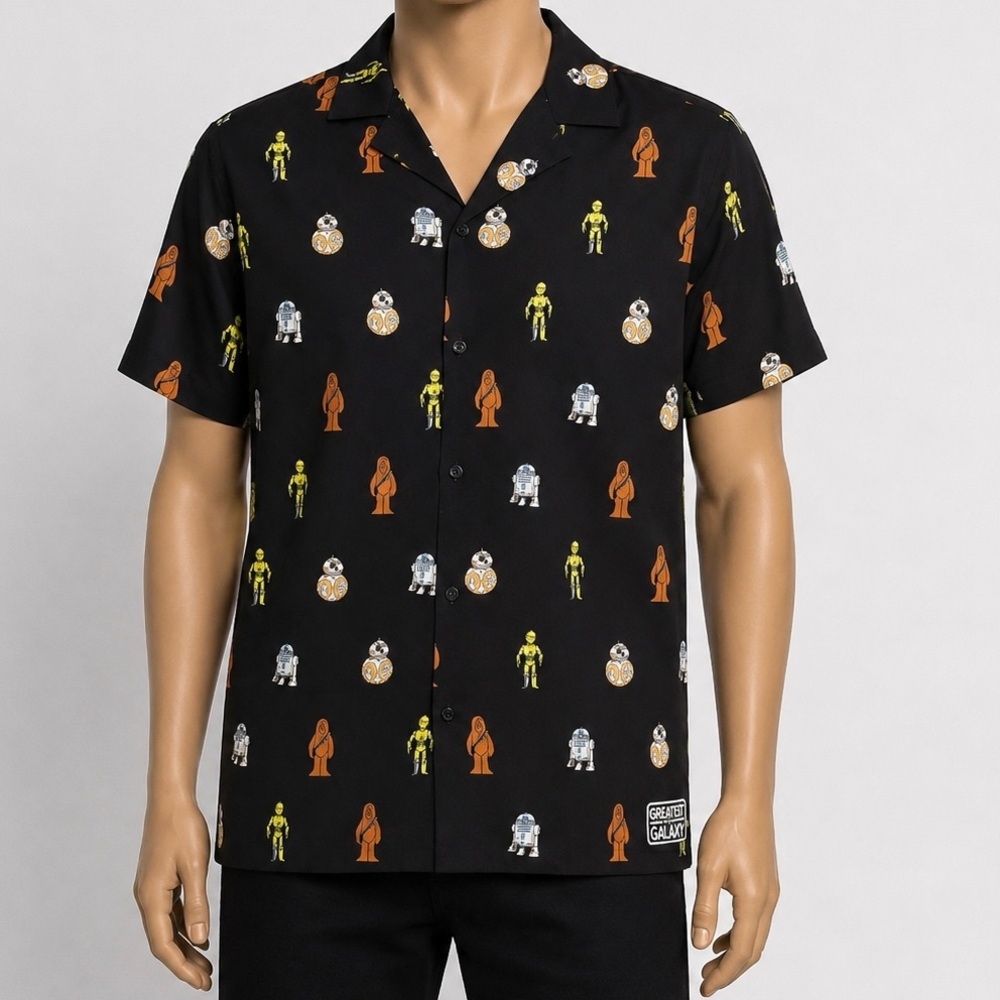 NEW Disney Parks Star Wars Camp Shirt Mens Medium Black Button Up C-3PO R2-D2